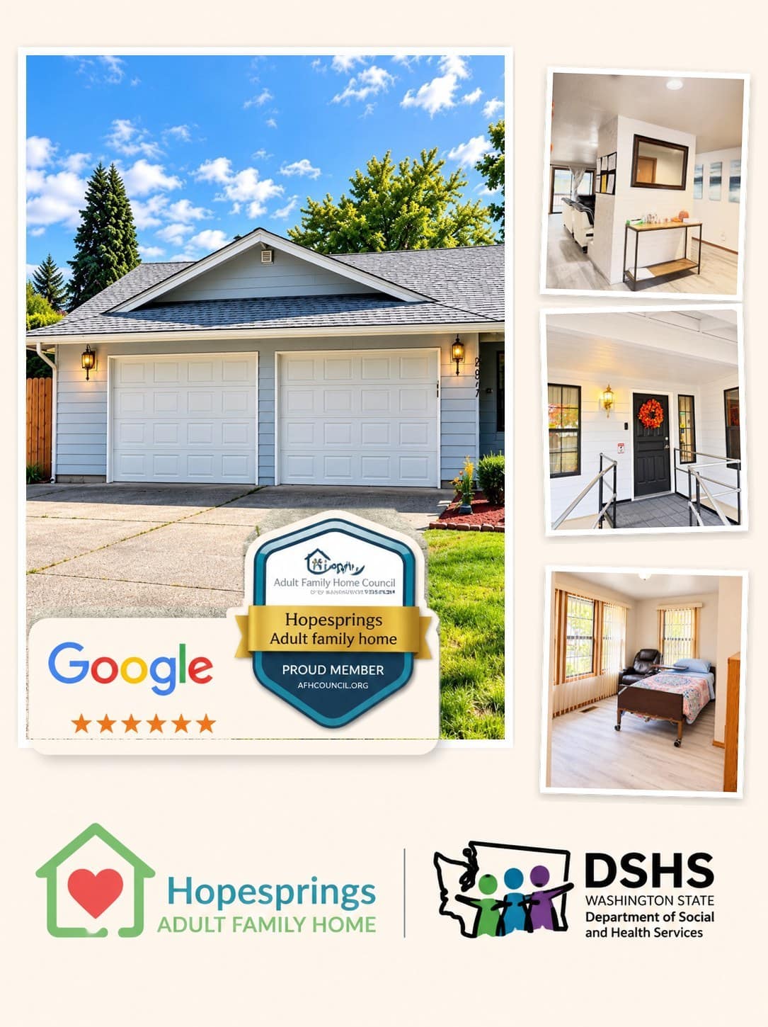 HopeSprings Adult Family Home — exterior, interiors, Google reviews, AFH Council Proud Member, DSHS licensed, Vancouver WA